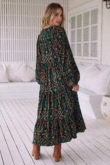 Eve Midi Dress - V Neck Tiered Dress with Long Sleeves in Emerald Print