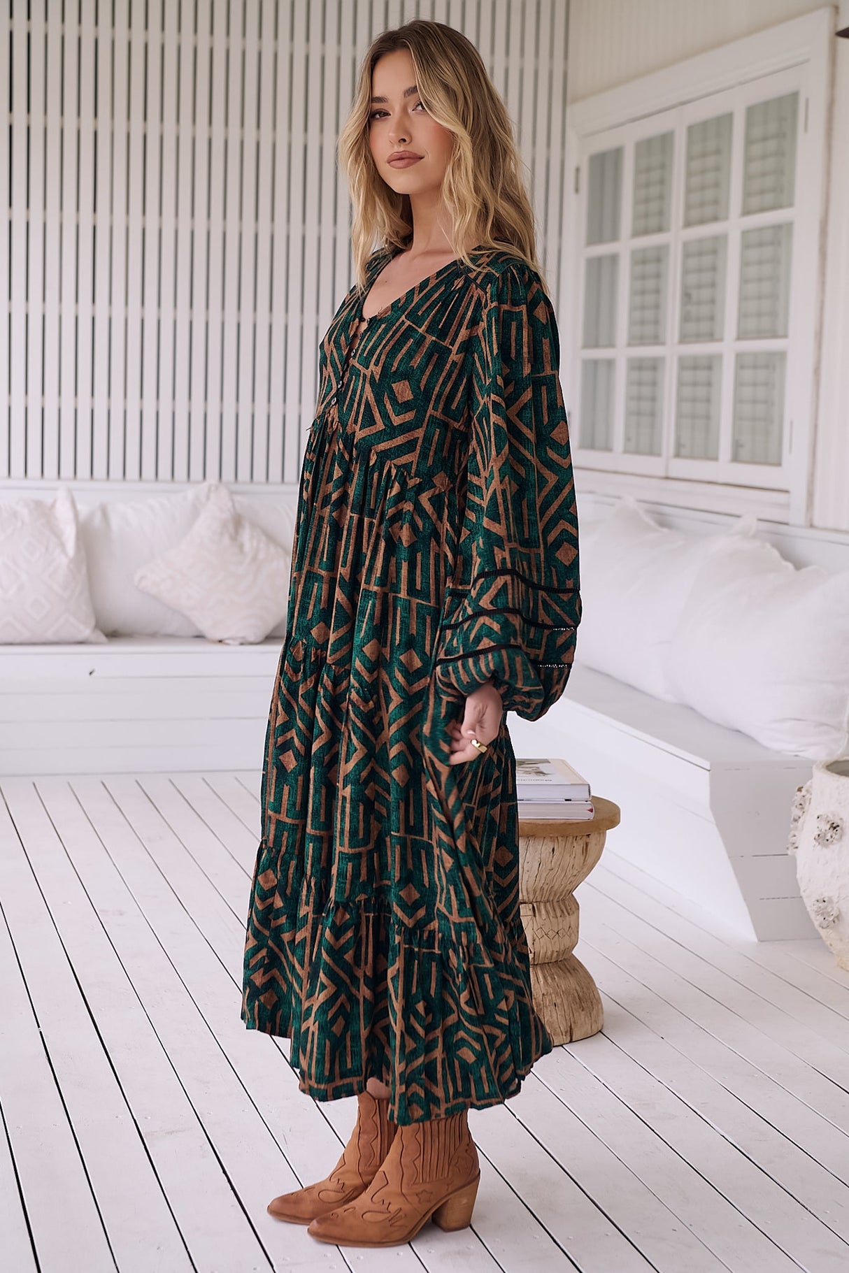 Eve Midi Dress - V Neck Tiered Dress with Long Sleeves in Emerald Print