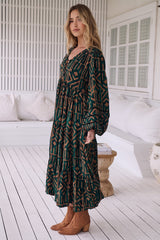 JAASE - Eve Midi Dress: V Neck Tiered Dress with Long Sleeves in Emerald Print