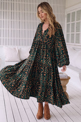 Eve Midi Dress - V Neck Tiered Dress with Long Sleeves in Emerald Print