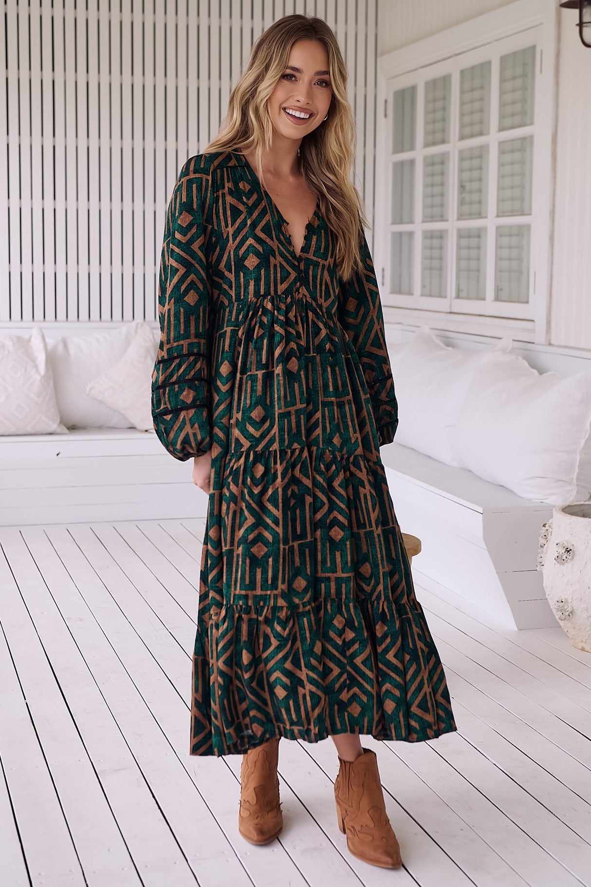 Eve Midi Dress - V Neck Tiered Dress with Long Sleeves in Emerald Print