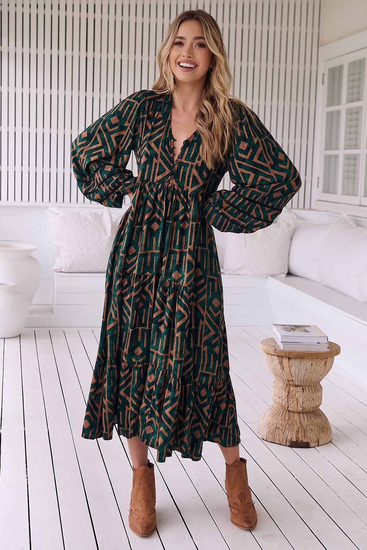 Eve Midi Dress - V Neck Tiered Dress with Long Sleeves in Emerald Print