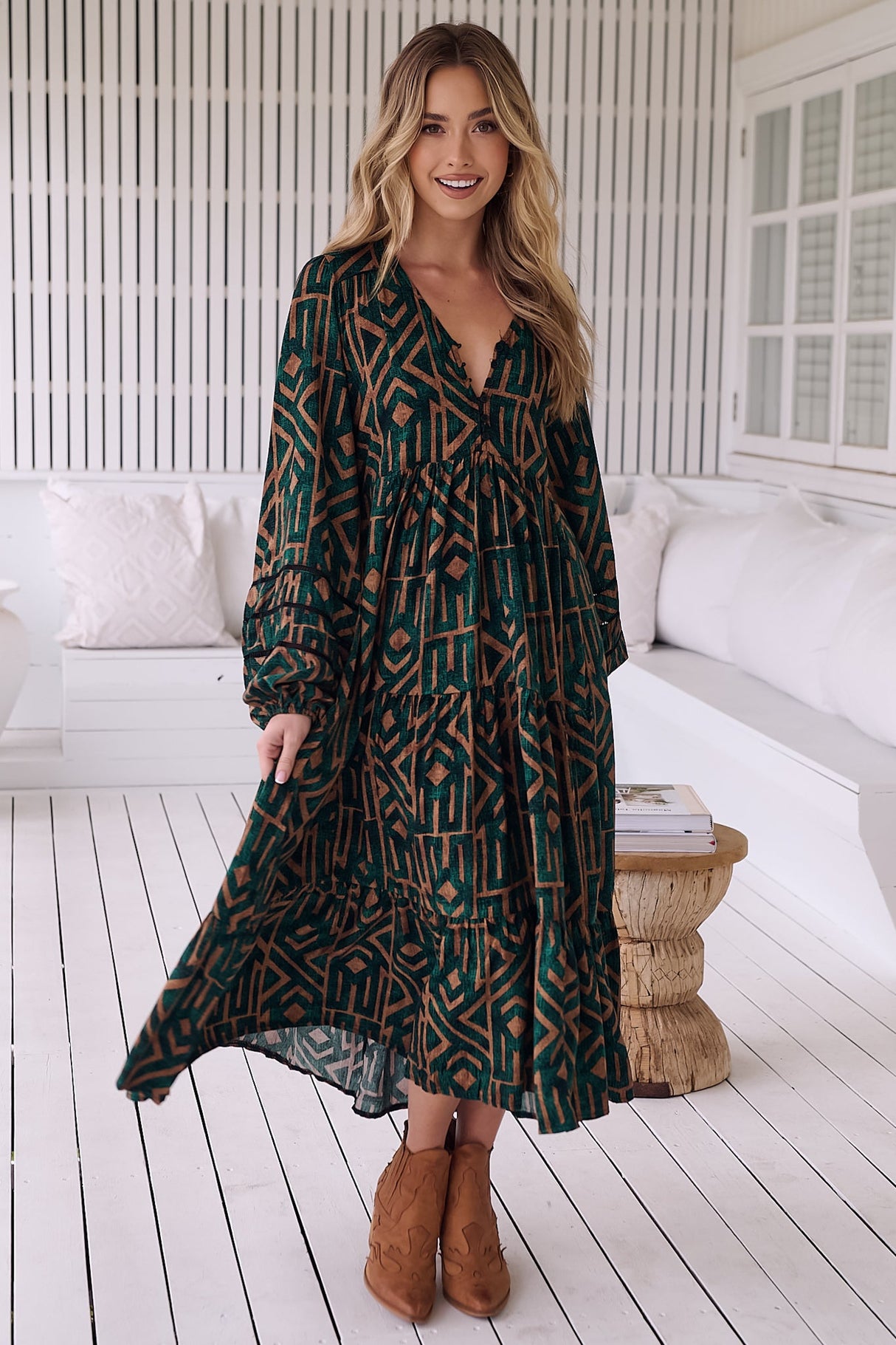 Eve Midi Dress - V Neck Tiered Dress with Long Sleeves in Emerald Print