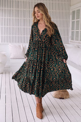 Eve Midi Dress - V Neck Tiered Dress with Long Sleeves in Emerald Print