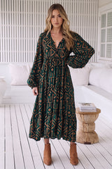 JAASE - Eve Midi Dress: V Neck Tiered Dress with Long Sleeves in Emerald Print