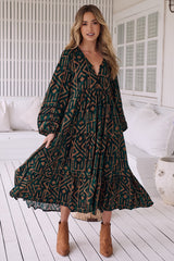 Eve Midi Dress - V Neck Tiered Dress with Long Sleeves in Emerald Print