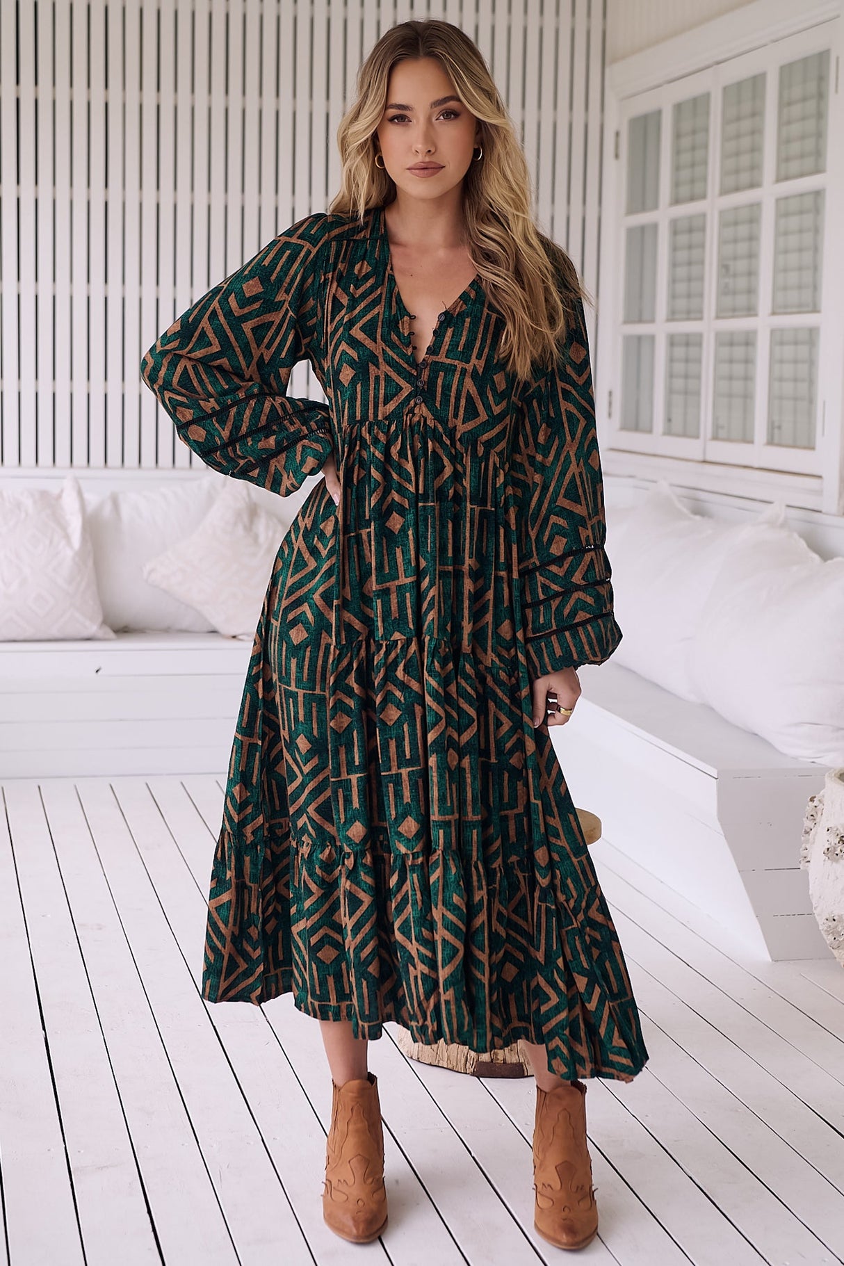 Eve Midi Dress - V Neck Tiered Dress with Long Sleeves in Emerald Print