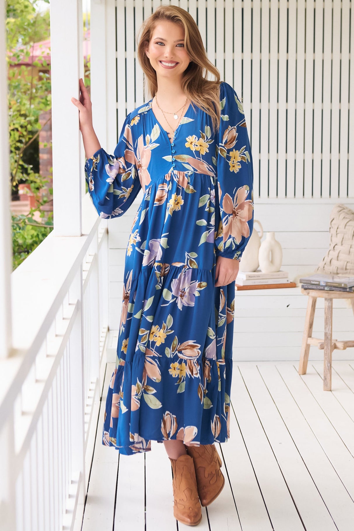 JAASE - Eve Midi Dress: V Neck Long Sleeve Tiered Dress with Option Waist Tie in Georgia Blue Print