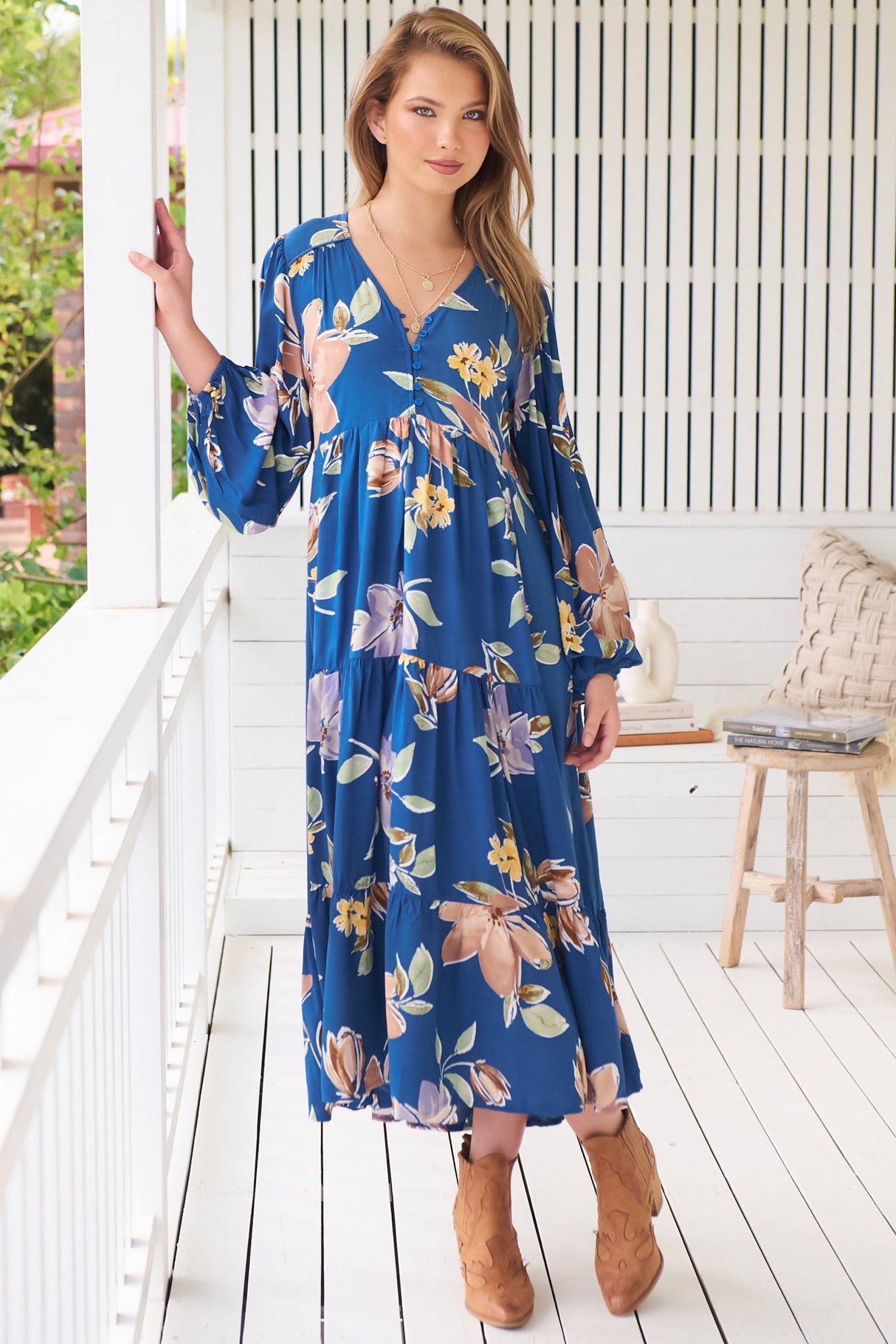 JAASE - Eve Midi Dress: V Neck Long Sleeve Tiered Dress with Option Waist Tie in Georgia Blue Print