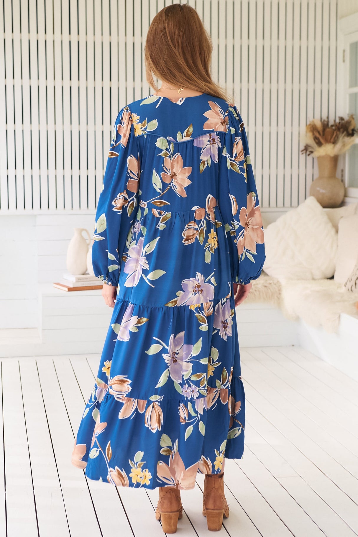JAASE - Eve Midi Dress: V Neck Long Sleeve Tiered Dress with Option Waist Tie in Georgia Blue Print