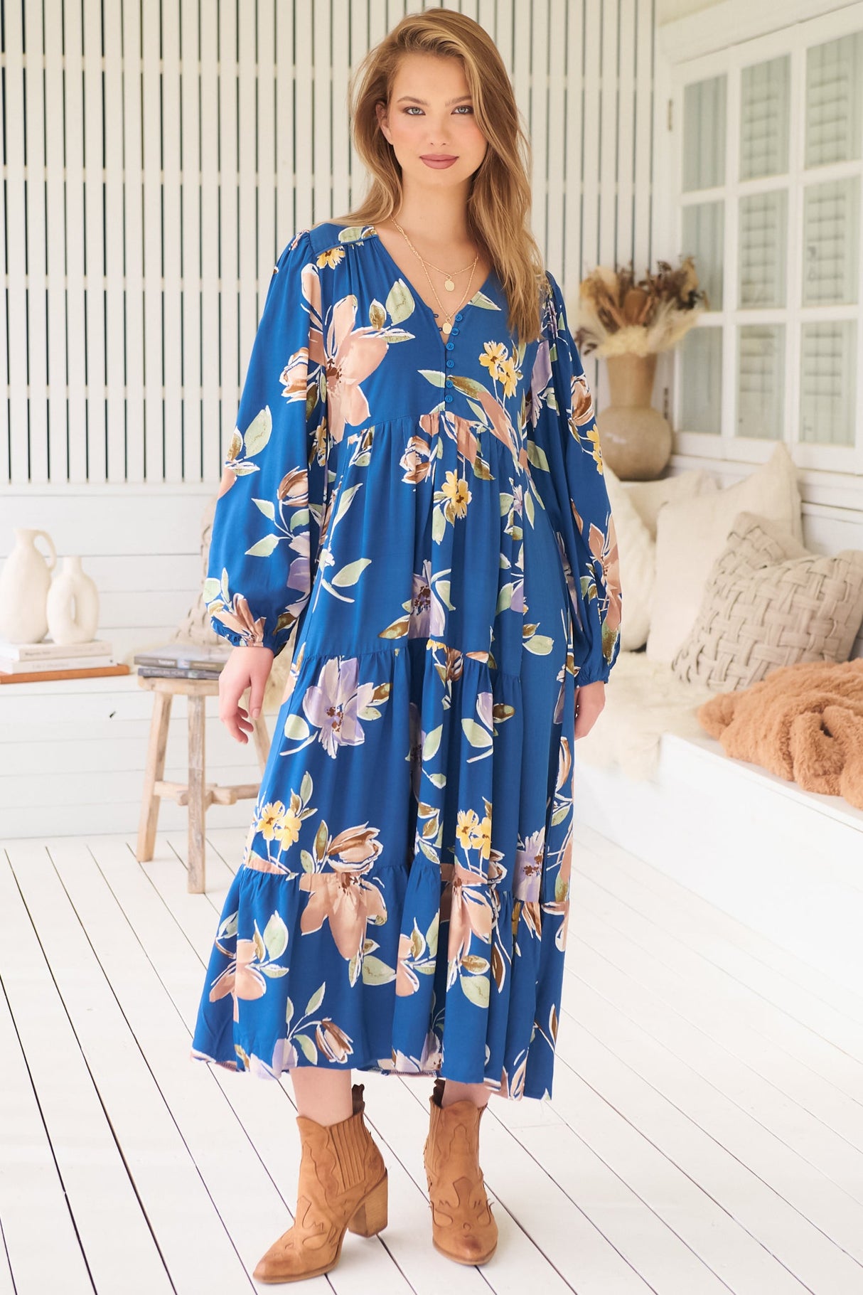 JAASE - Eve Midi Dress: V Neck Long Sleeve Tiered Dress with Option Waist Tie in Georgia Blue Print