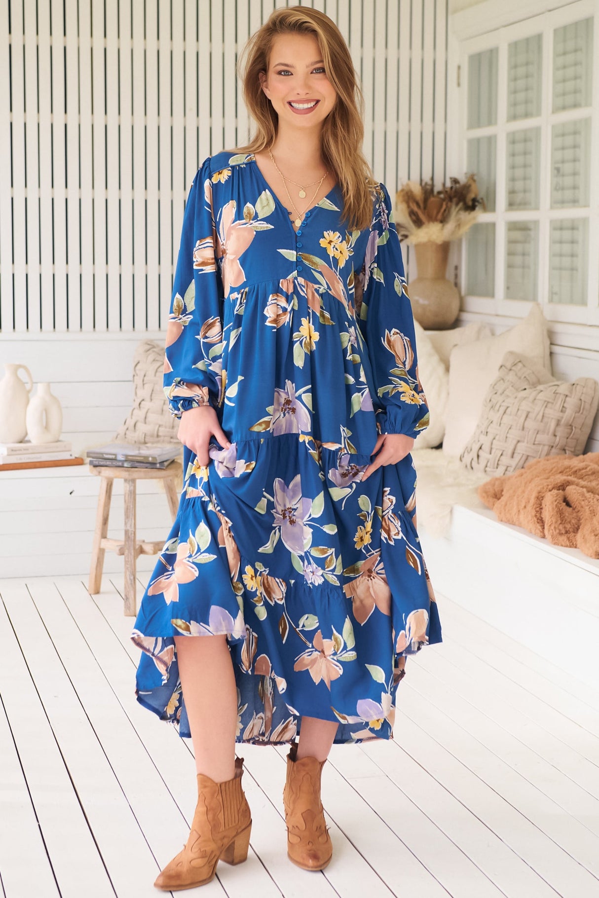 JAASE - Eve Midi Dress: V Neck Long Sleeve Tiered Dress with Option Waist Tie in Georgia Blue Print