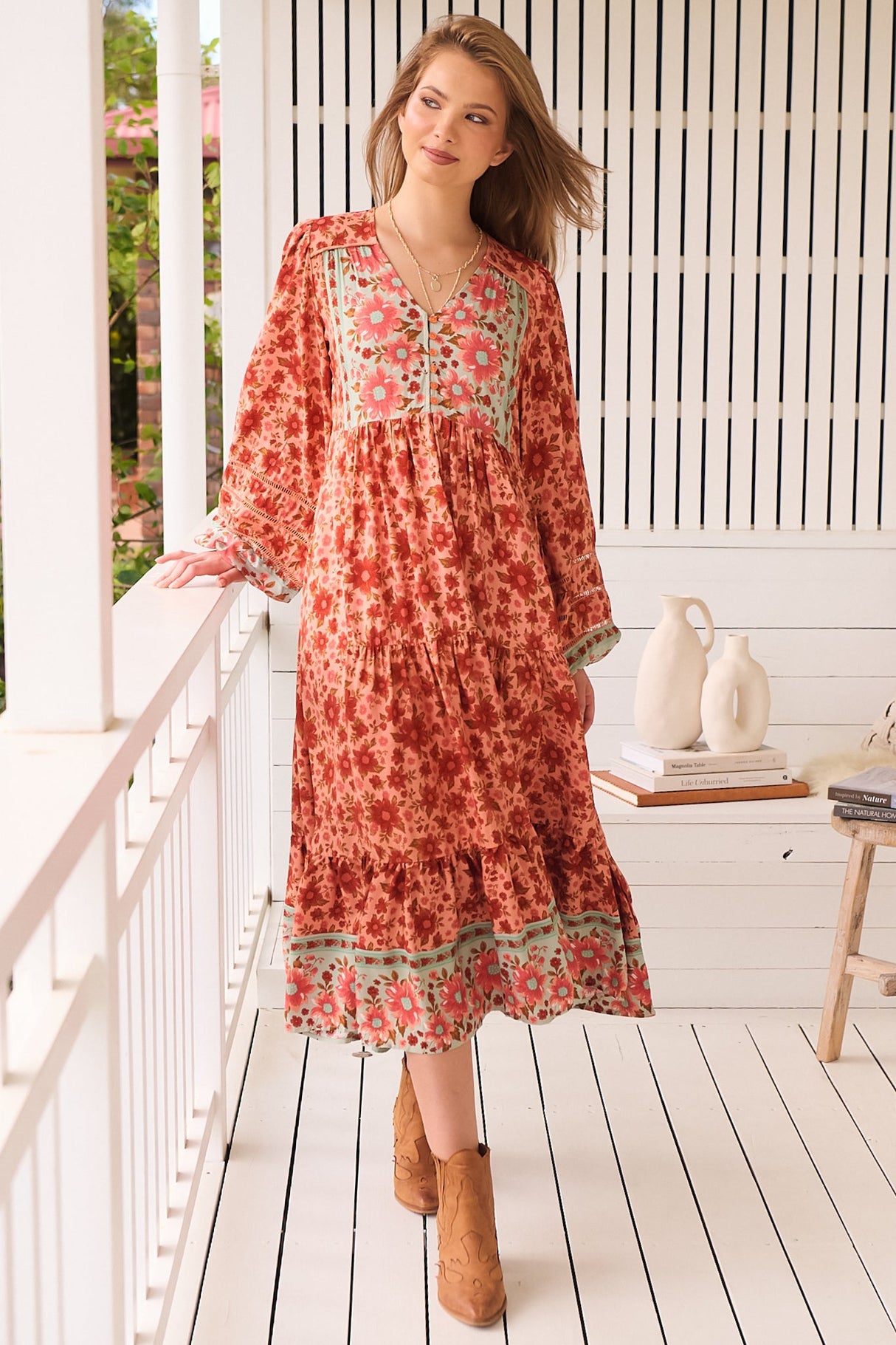 JAASE - Eve Midi Dress: V Neck Long Sleeve Tiered Dress with Option Waist Tie in Lillianna Print