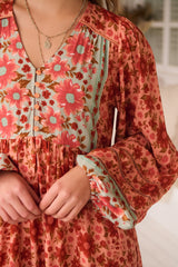 JAASE - Eve Midi Dress: V Neck Long Sleeve Tiered Dress with Option Waist Tie in Lillianna Print