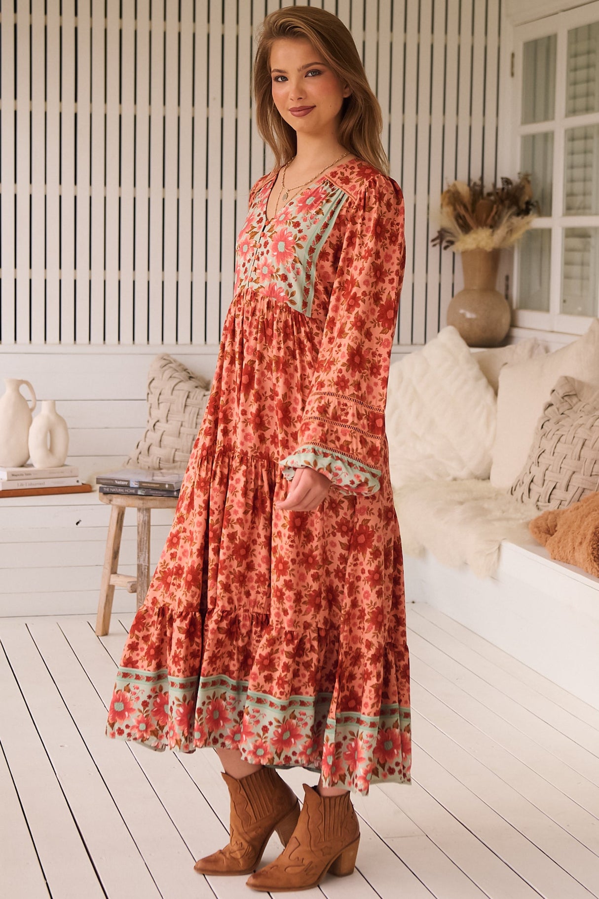 JAASE - Eve Midi Dress: V Neck Long Sleeve Tiered Dress with Option Waist Tie in Lillianna Print