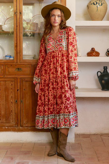 Model wearing Eve Long Sleeve Midi Dress in Lillianna Print from Salty Crush