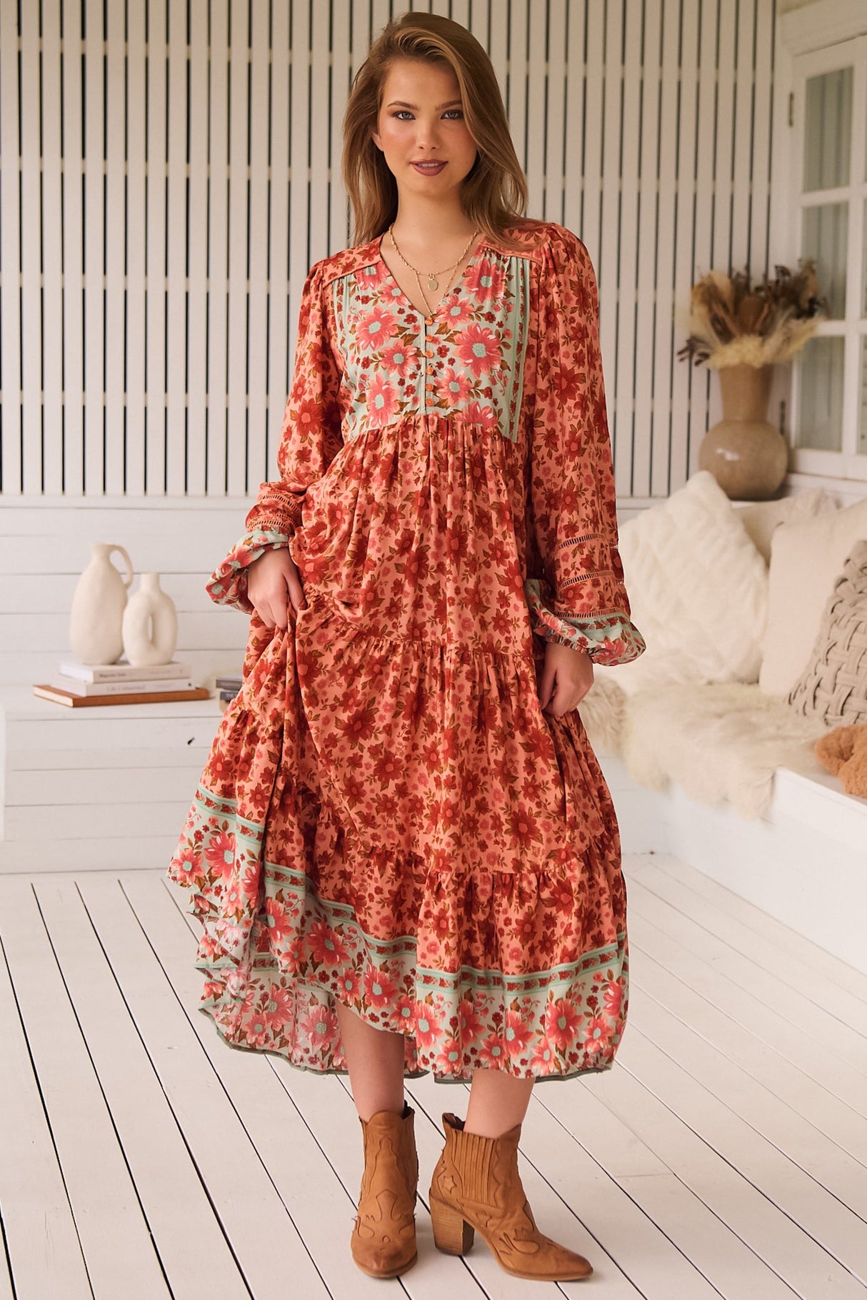 JAASE - Eve Midi Dress: V Neck Long Sleeve Tiered Dress with Option Waist Tie in Lillianna Print