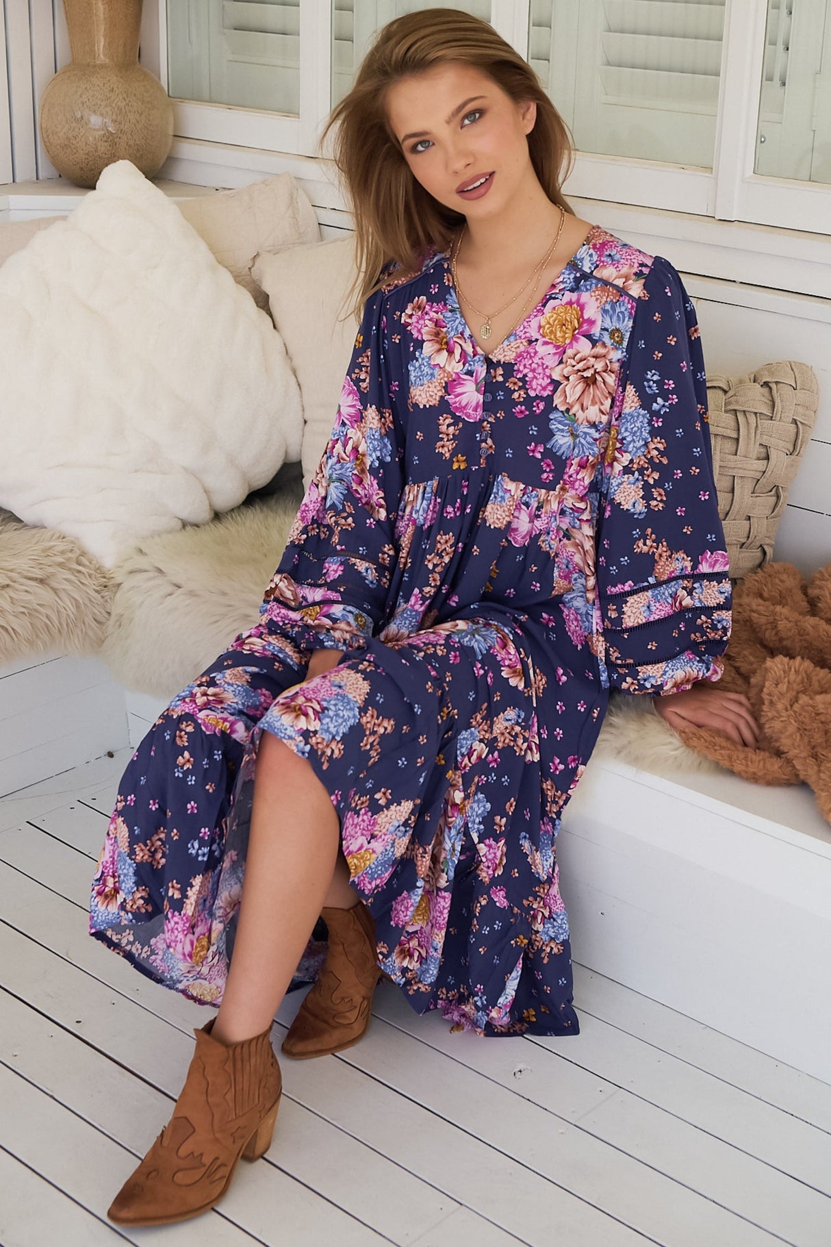 JAASE - Eve Midi Dress: V Neck Long Sleeve Tiered Dress with Option Waist Tie in Wild Whim Print