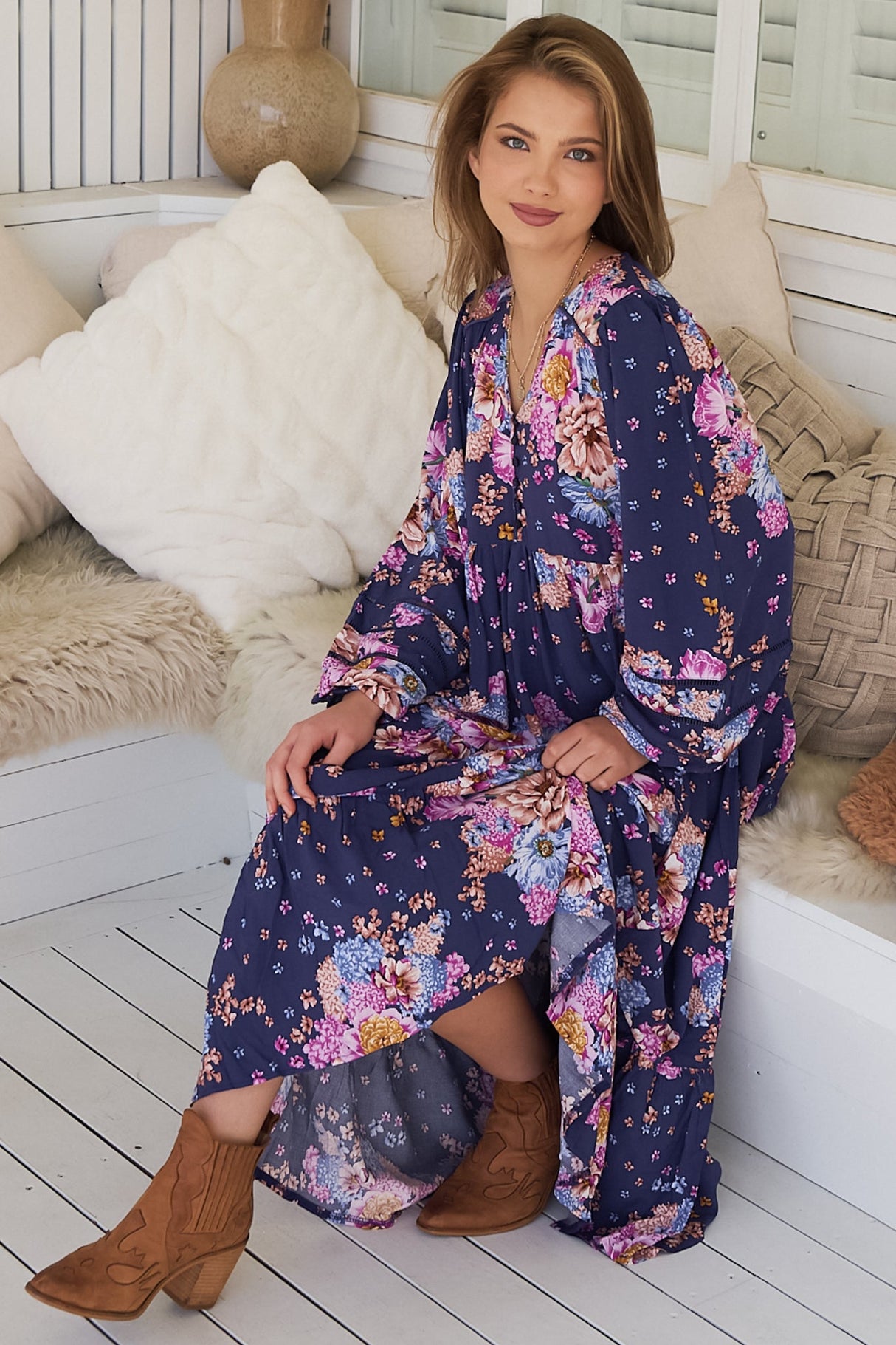 JAASE - Eve Midi Dress: V Neck Long Sleeve Tiered Dress with Option Waist Tie in Wild Whim Print