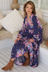 JAASE - Eve Midi Dress: V Neck Long Sleeve Tiered Dress with Option Waist Tie in Wild Whim Print