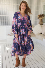 JAASE - Eve Midi Dress: V Neck Long Sleeve Tiered Dress with Option Waist Tie in Wild Whim Print