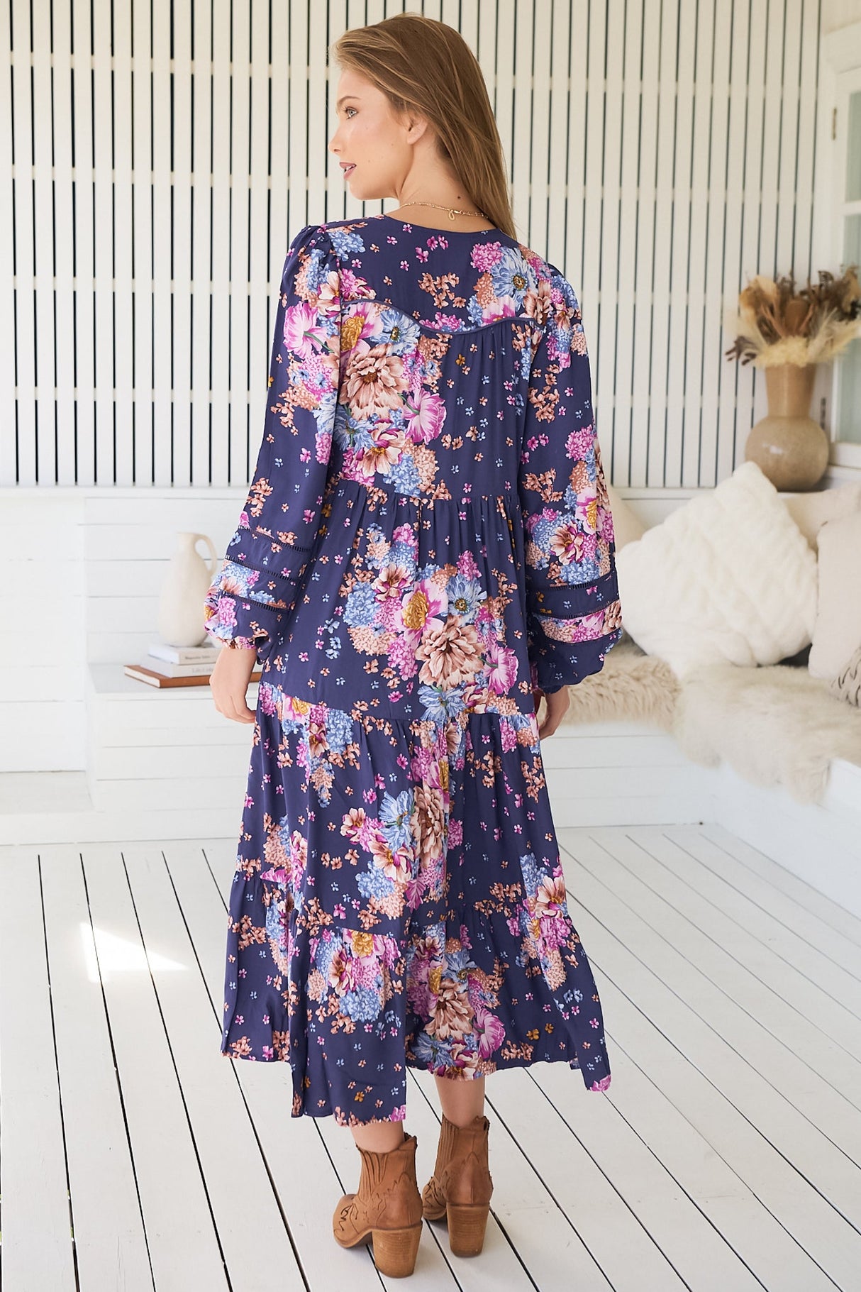 JAASE - Eve Midi Dress: V Neck Long Sleeve Tiered Dress with Option Waist Tie in Wild Whim Print