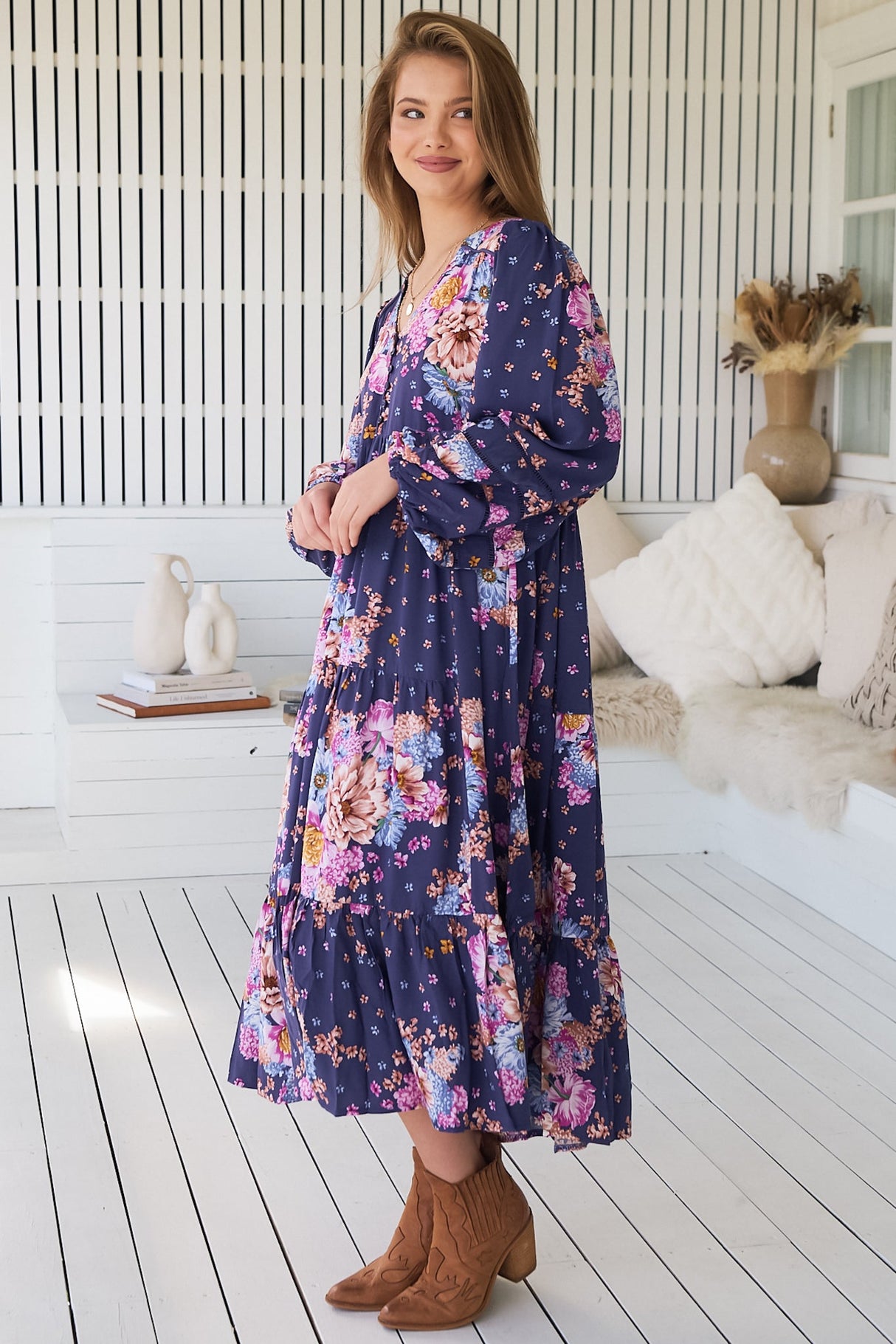 JAASE - Eve Midi Dress: V Neck Long Sleeve Tiered Dress with Option Waist Tie in Wild Whim Print