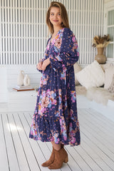 JAASE - Eve Midi Dress: V Neck Long Sleeve Tiered Dress with Option Waist Tie in Wild Whim Print