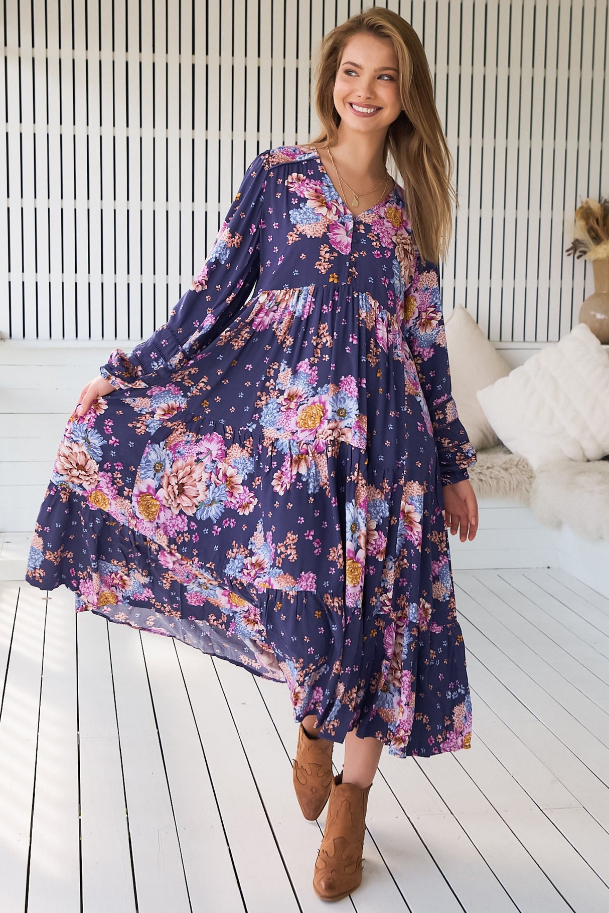 JAASE - Eve Midi Dress: V Neck Long Sleeve Tiered Dress with Option Waist Tie in Wild Whim Print