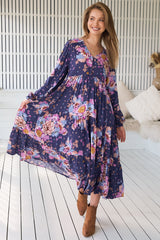 JAASE - Eve Midi Dress: V Neck Long Sleeve Tiered Dress with Option Waist Tie in Wild Whim Print