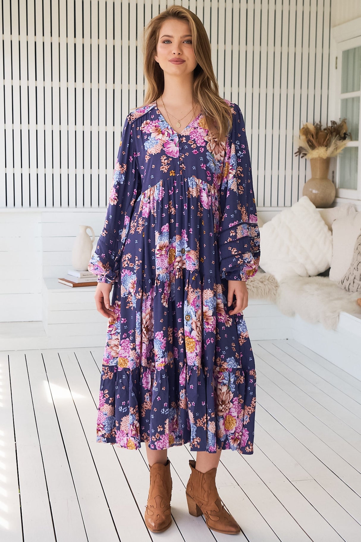 JAASE - Eve Midi Dress: V Neck Long Sleeve Tiered Dress with Option Waist Tie in Wild Whim Print