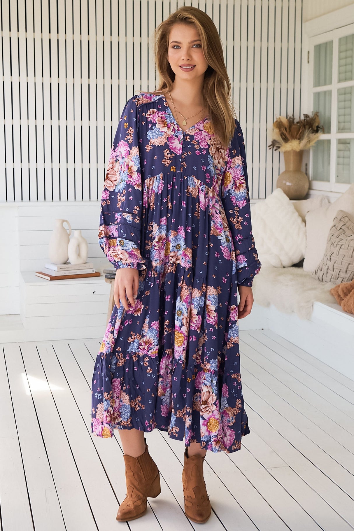 JAASE - Eve Midi Dress: V Neck Long Sleeve Tiered Dress with Option Waist Tie in Wild Whim Print