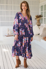 JAASE - Eve Midi Dress: V Neck Long Sleeve Tiered Dress with Option Waist Tie in Wild Whim Print