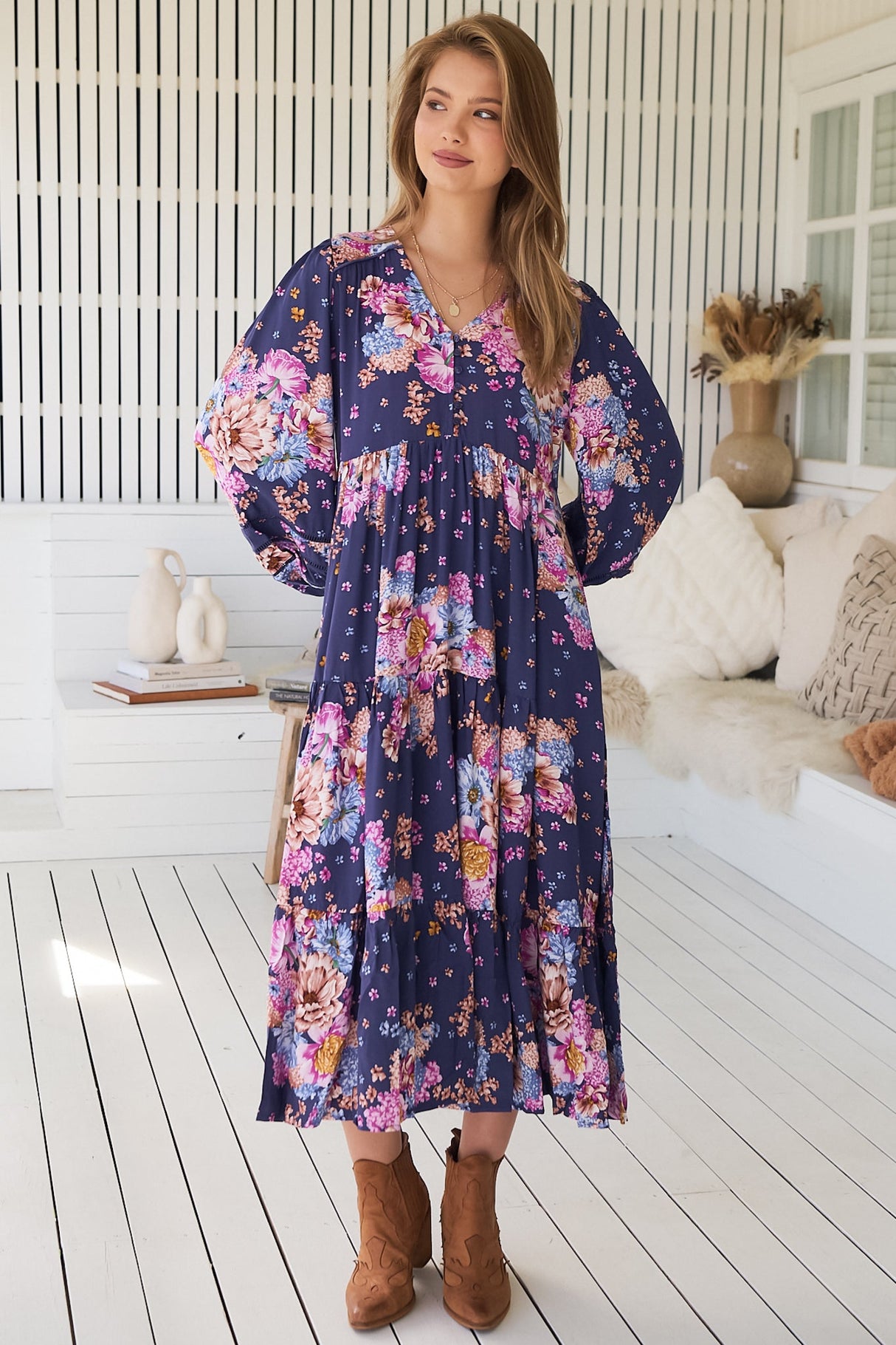 JAASE - Eve Midi Dress: V Neck Long Sleeve Tiered Dress with Option Waist Tie in Wild Whim Print