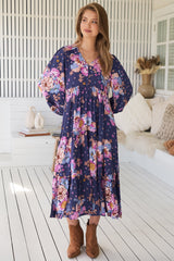 JAASE - Eve Midi Dress: V Neck Long Sleeve Tiered Dress with Option Waist Tie in Wild Whim Print