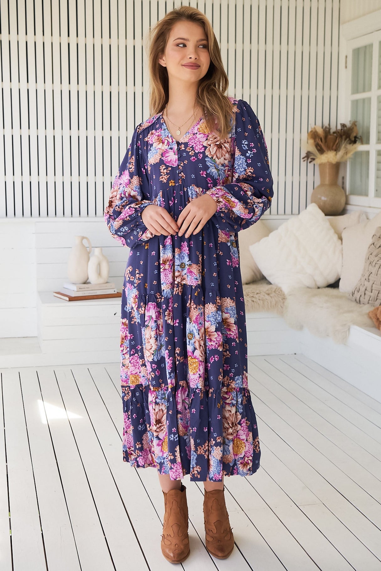JAASE - Eve Midi Dress: V Neck Long Sleeve Tiered Dress with Option Waist Tie in Wild Whim Print