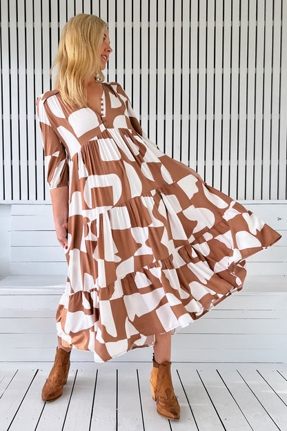 JAASE - Eve Midi Dress: V Neck Tiered Dress with Option Waist Tie in Boston Print