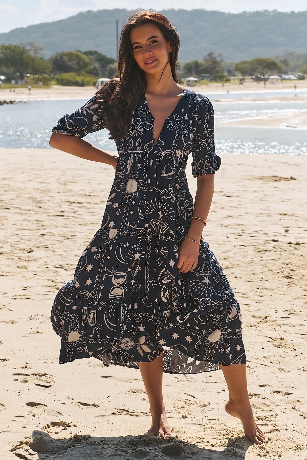 JAASE - Eve Midi Dress: V Neck Tiered Dress with Option Waist Tie in Elements Print