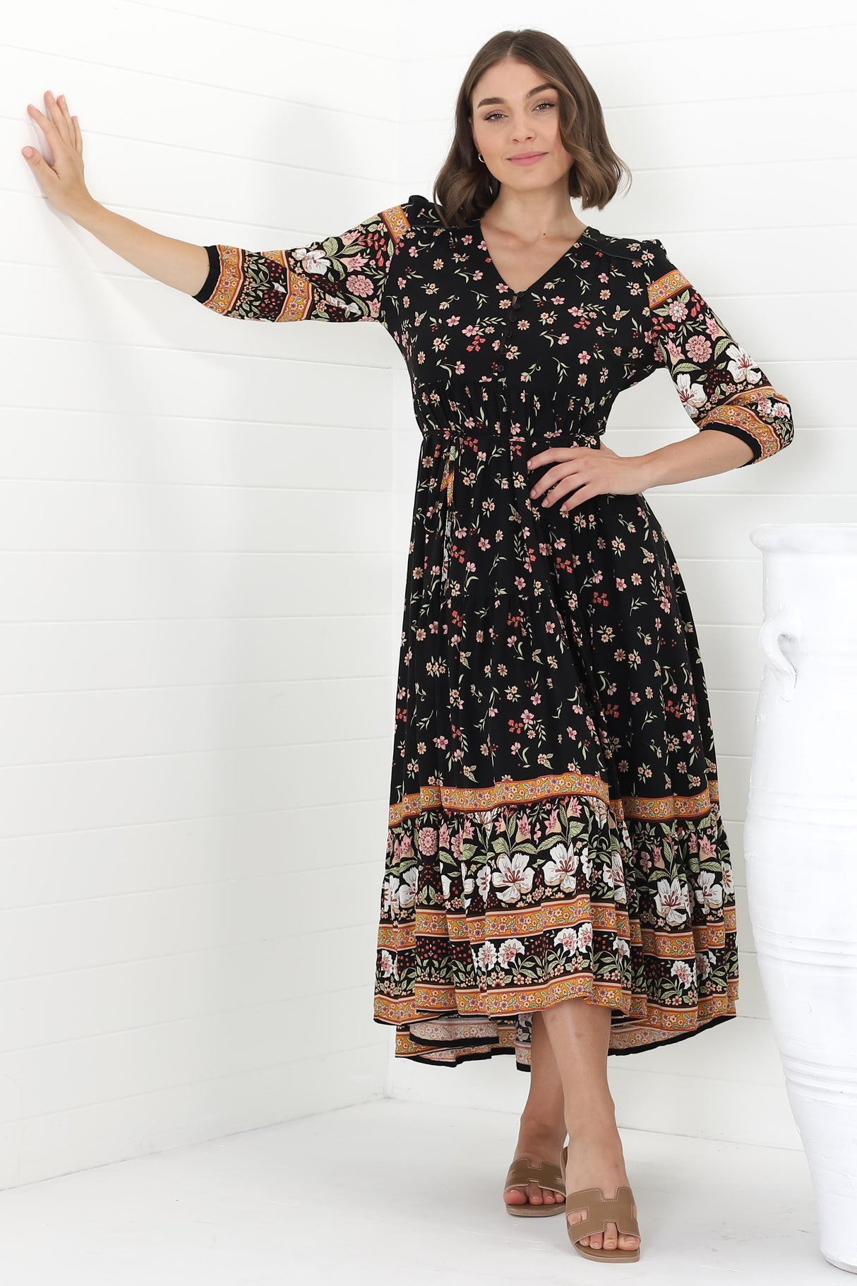 JAASE - Eve Midi Dress: V Neck Tiered Dress with Option Waist Tie in Eternity Print