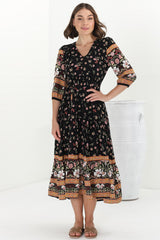 JAASE - Eve Midi Dress: V Neck Tiered Dress with Option Waist Tie in Eternity Print