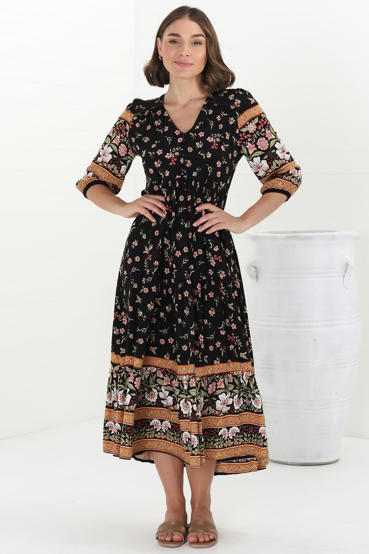 JAASE - Eve Midi Dress: V Neck Tiered Dress with Option Waist Tie in Eternity Print