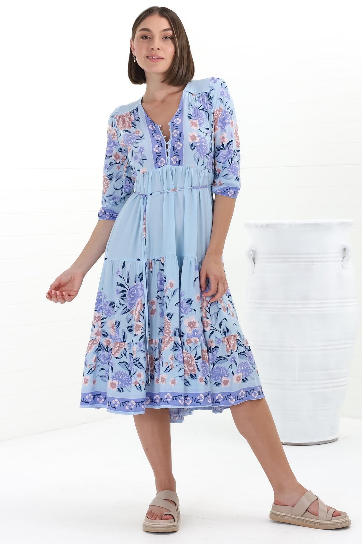 JAASE - Eve Midi Dress: V-Neck Tiered Dress with Option Waist Tie in Heaven Print