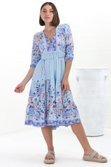 JAASE - Eve Midi Dress: V-Neck Tiered Dress with Option Waist Tie in Heaven Print