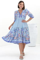 JAASE - Eve Midi Dress: V-Neck Tiered Dress with Option Waist Tie in Heaven Print