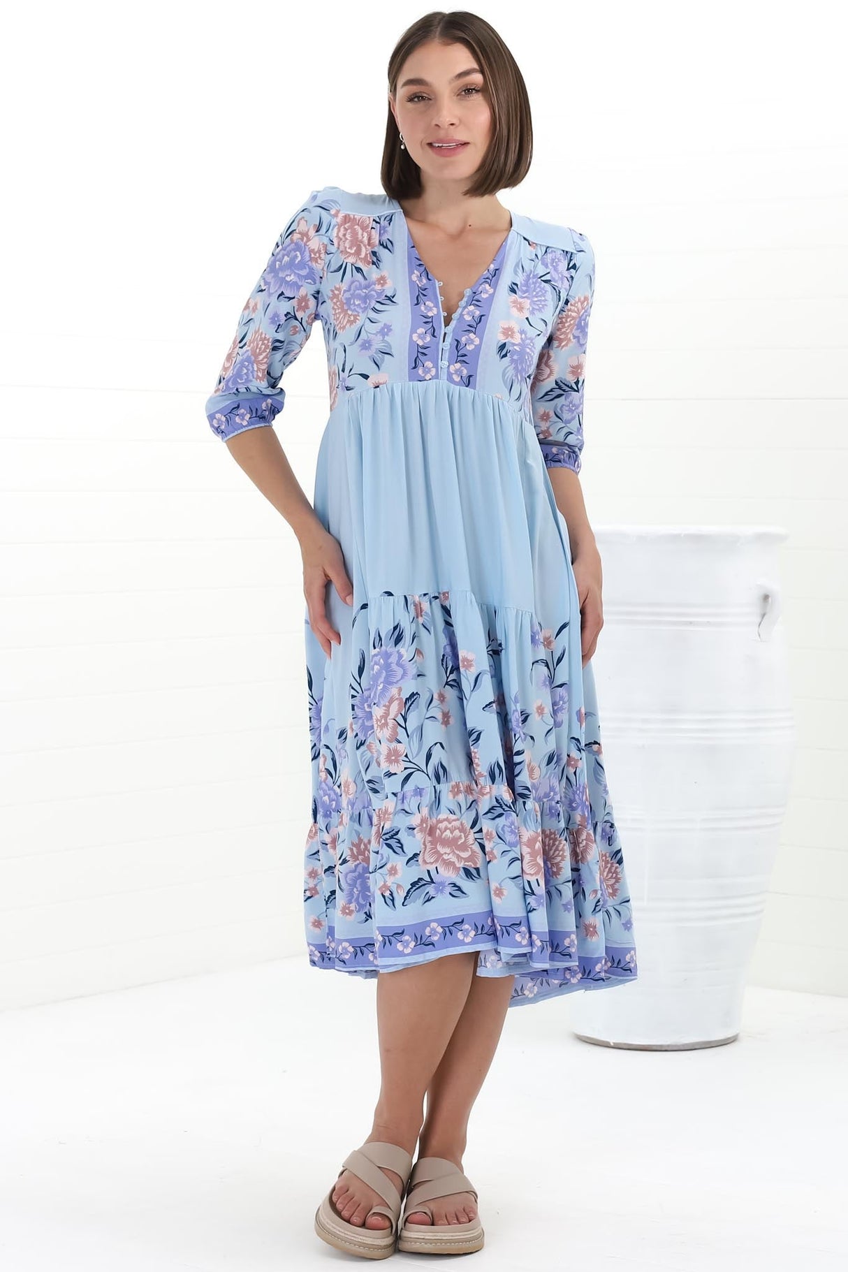 JAASE - Eve Midi Dress: V-Neck Tiered Dress with Option Waist Tie in Heaven Print