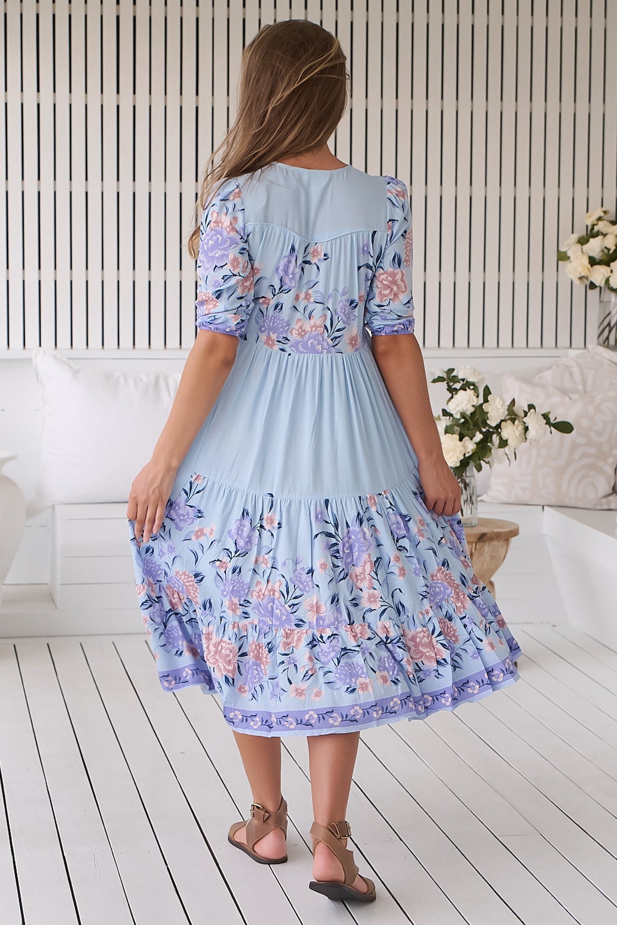 JAASE - Eve Midi Dress: V-Neck Tiered Dress with Option Waist Tie in Heaven Print