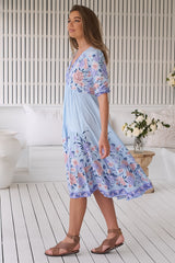 JAASE - Eve Midi Dress: V-Neck Tiered Dress with Option Waist Tie in Heaven Print