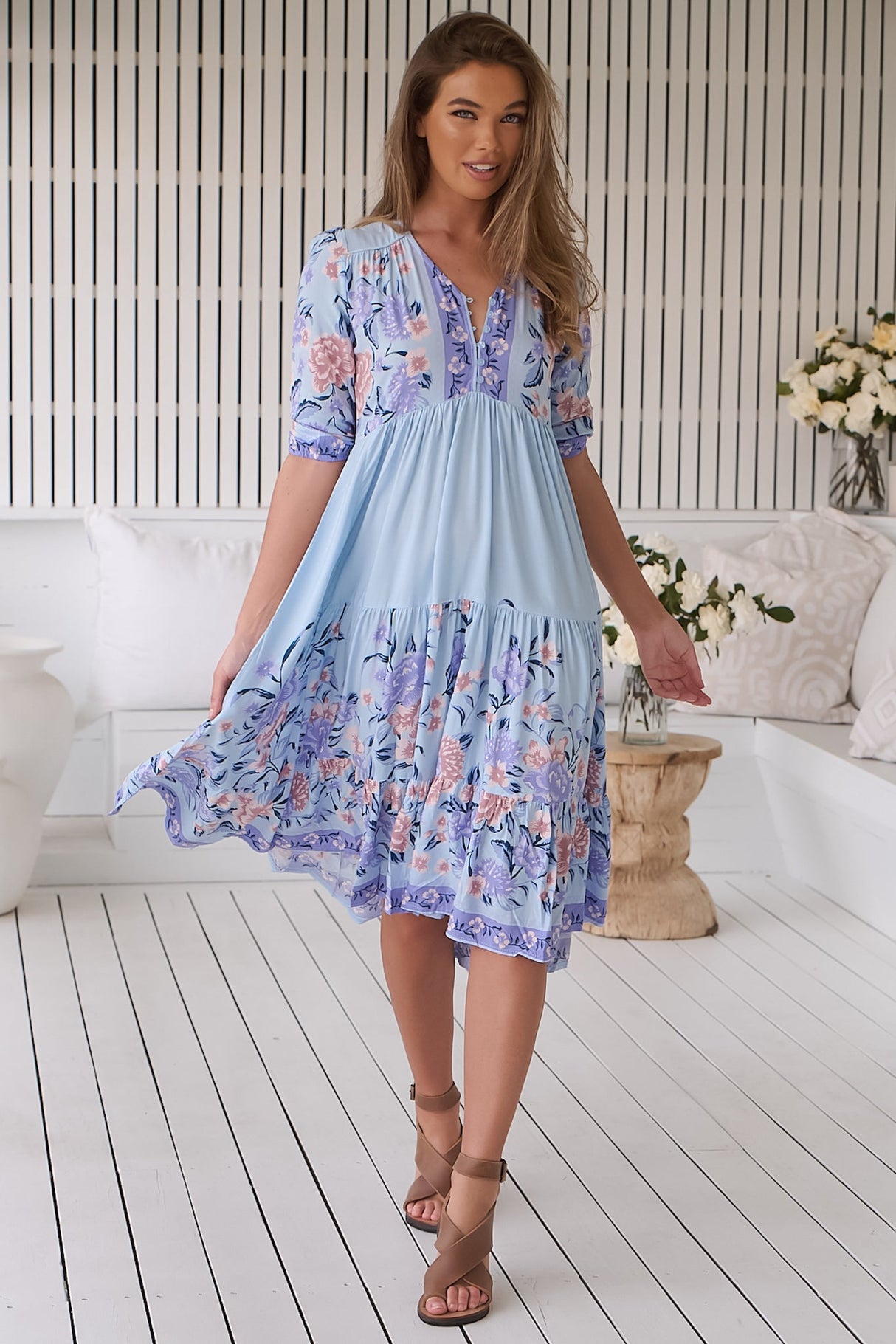 JAASE - Eve Midi Dress: V-Neck Tiered Dress with Option Waist Tie in Heaven Print