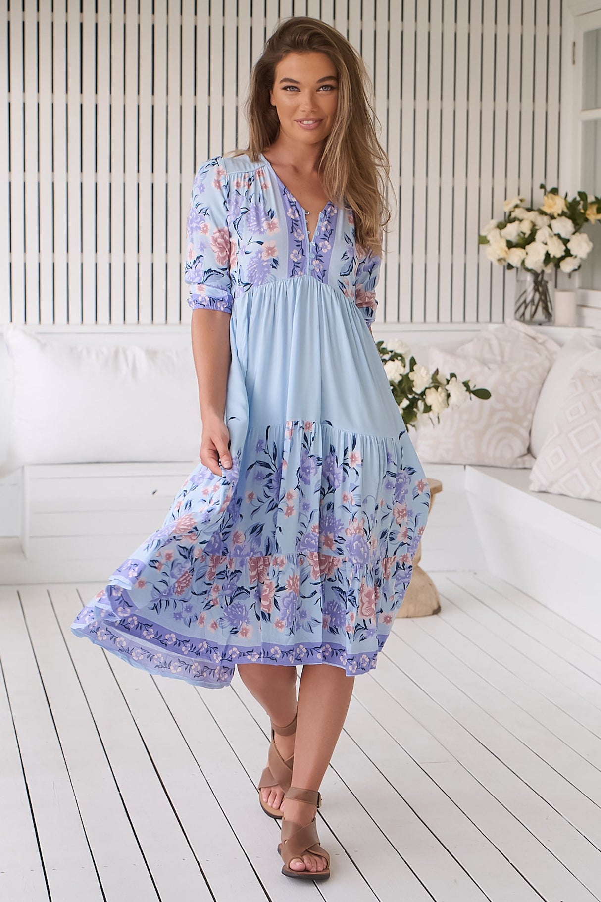 JAASE - Eve Midi Dress: V-Neck Tiered Dress with Option Waist Tie in Heaven Print