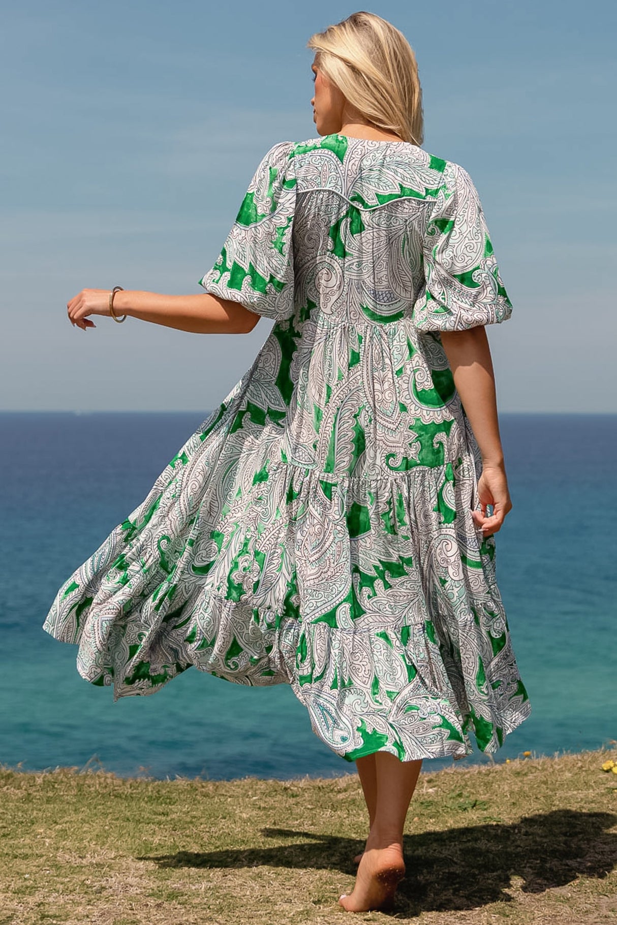 JAASE - Eve Midi Dress: V Neck Tiered Dress with Option Waist Tie in Kashira Print